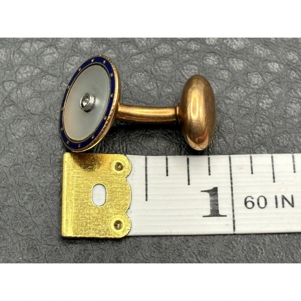 Carter & Howe 14K Gold Mother of Pearl Blue Enamel Diamond Cufflinks Art Deco